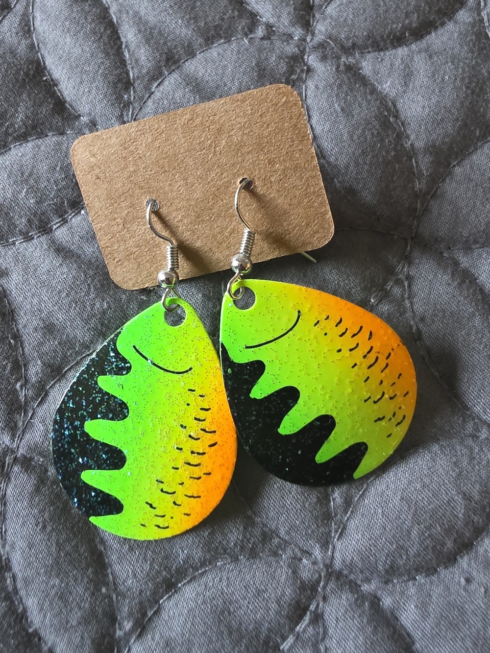 Black & Neon Green, Yellow & Orange Gradient Sparkle Lure Teardrop Earrings